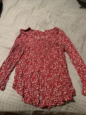 Miss love Red Floral Long-Sleeve Peasant Blouse